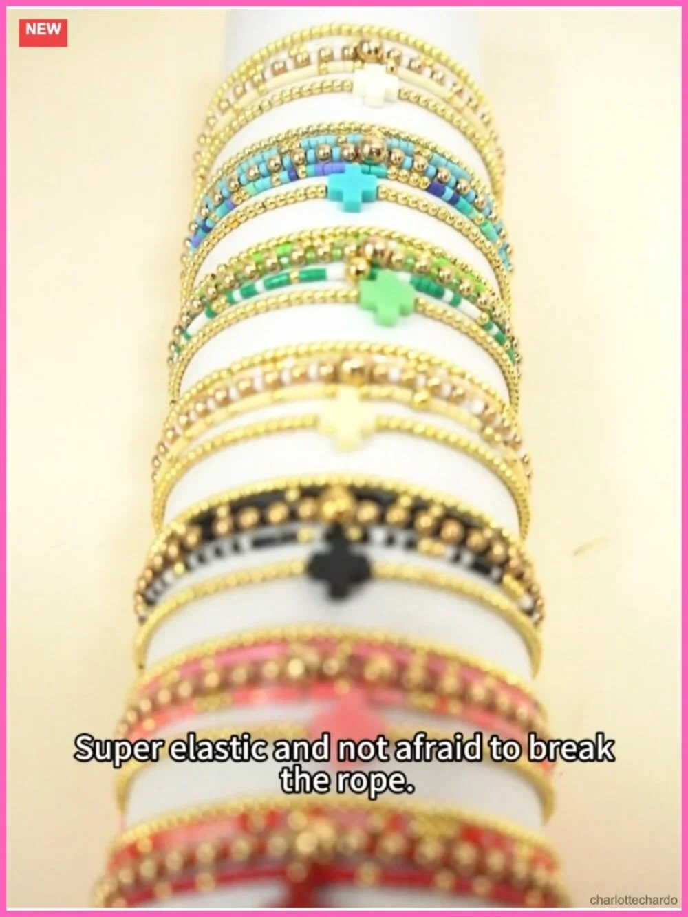 Gold Plated Beaded Bracelet Stack Cross Charm Stretch Bracelet Boho Christian